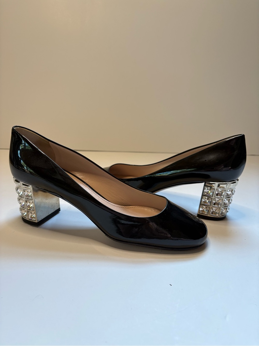 Black Patent Block Heel Pumps with Crystal Accent